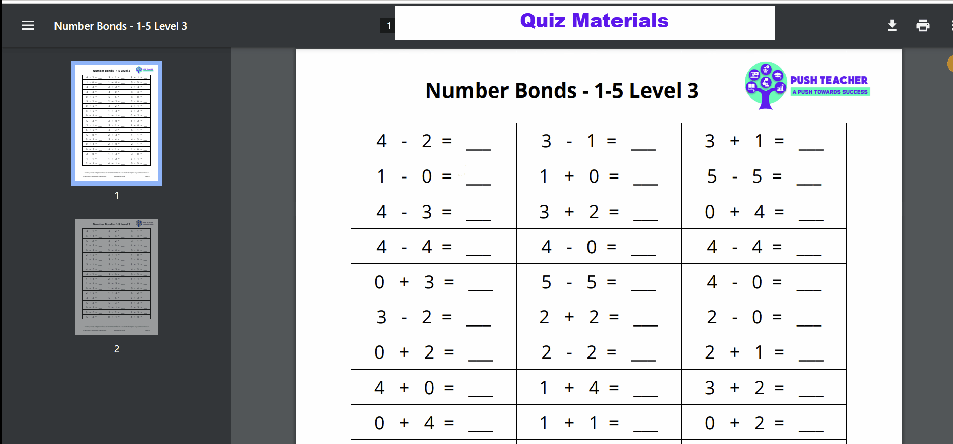 Number Bonds 1-10 Quiz Materials